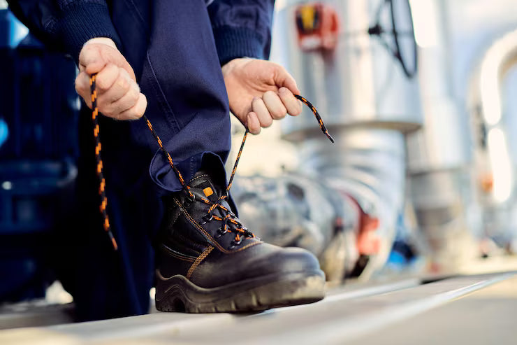 Worker fastening safety footwear on a construction site